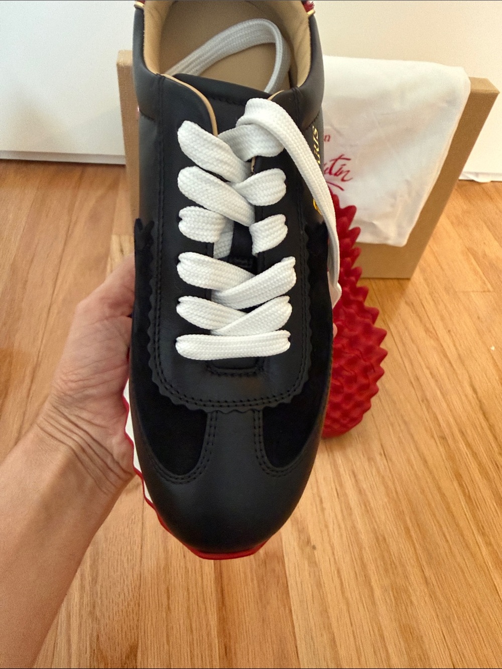 NEW Christian Louboutin Black Leather Womens Low-Top Sneakers with Red Outsole - Picture 6 of 7